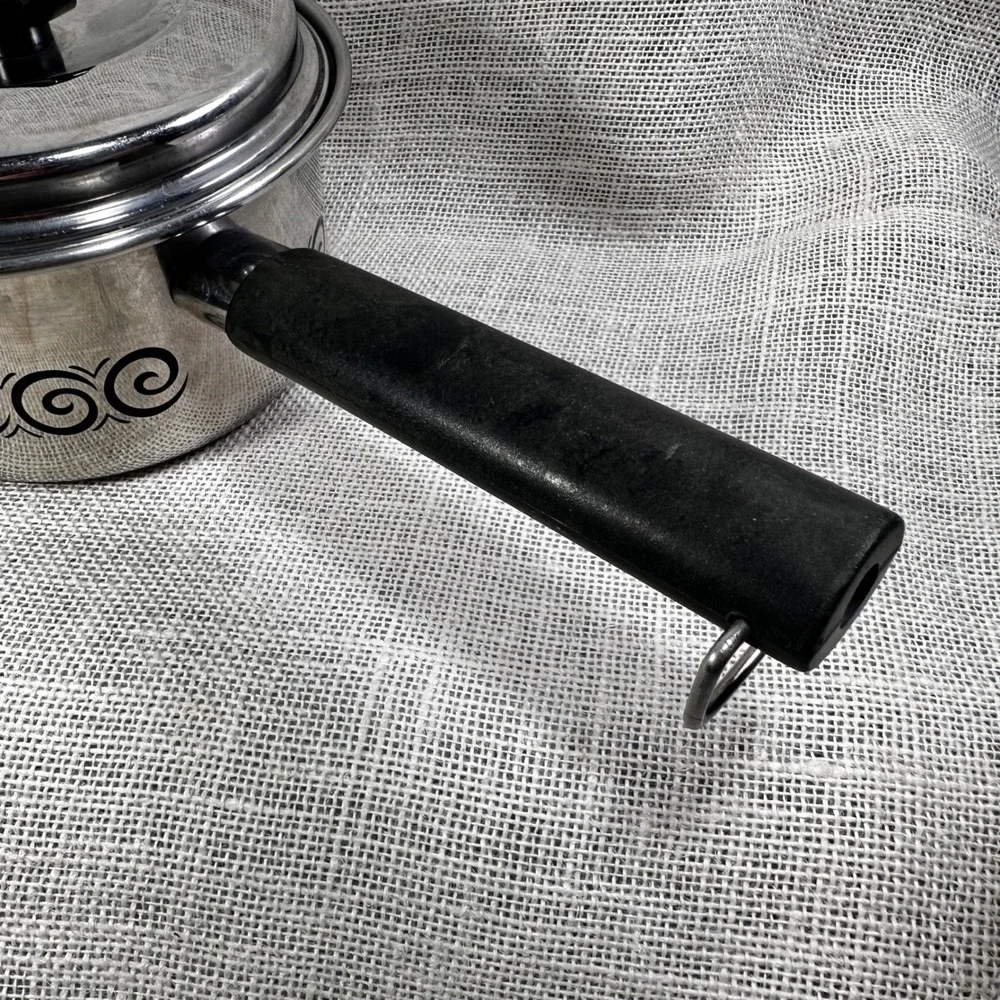Vintage EKCO 1.5 Qt Saucepan with Lid Black Scroll Stainless Steel MCM Retro